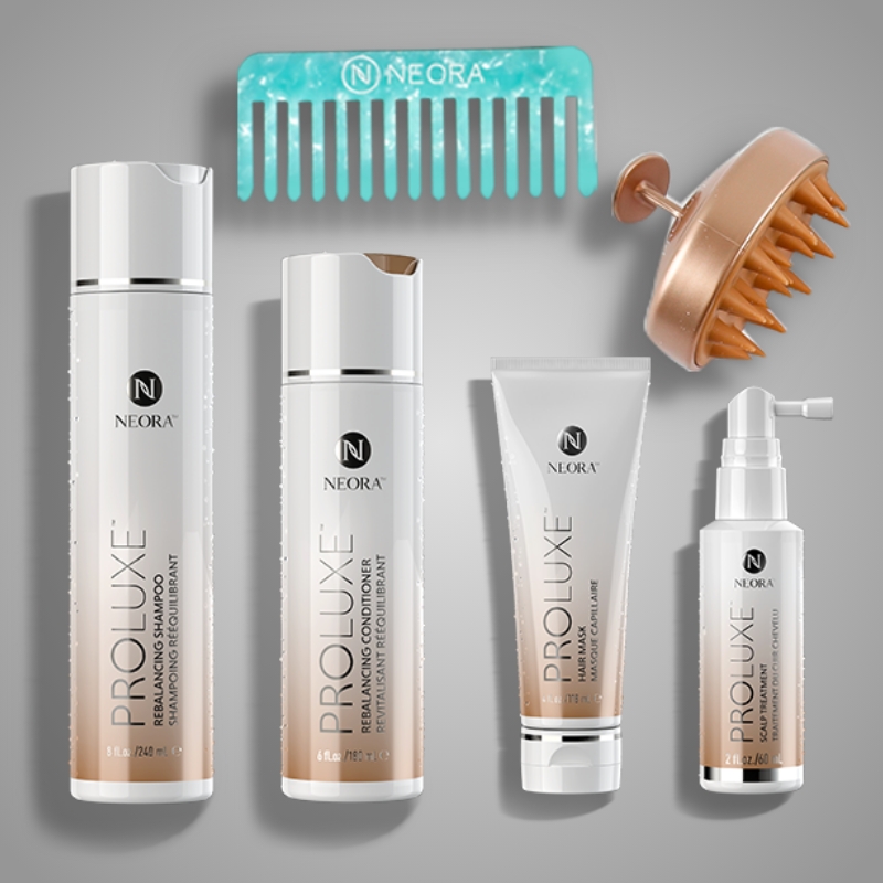 Save 15% on ProLuxe Hair Care System which includes ProLuxe™ Rebalancing Shampoo, ProLuxe™ Rebalancing Conditioner, ProLuxe™ Hair Mask, ProLuxe™ Scalp Treatment, FREE Scalp Scrubber plus FREE Ultimate Detangling Comb